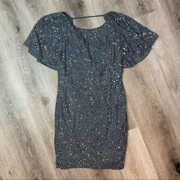 Blue/Grey Beaded Sequin Flutter Sleeve Cocktail Dress size 2 Aiden Mattox - Picture 3 of 9